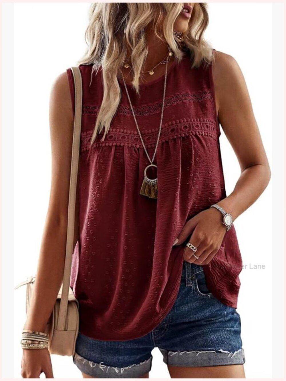Boho Sleeveless Crewneck Tank Top with Lace Hem Flowy Blouse